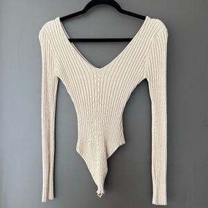 Beige Ribbed Thick Material Button-Close Bodysuit Size S/M